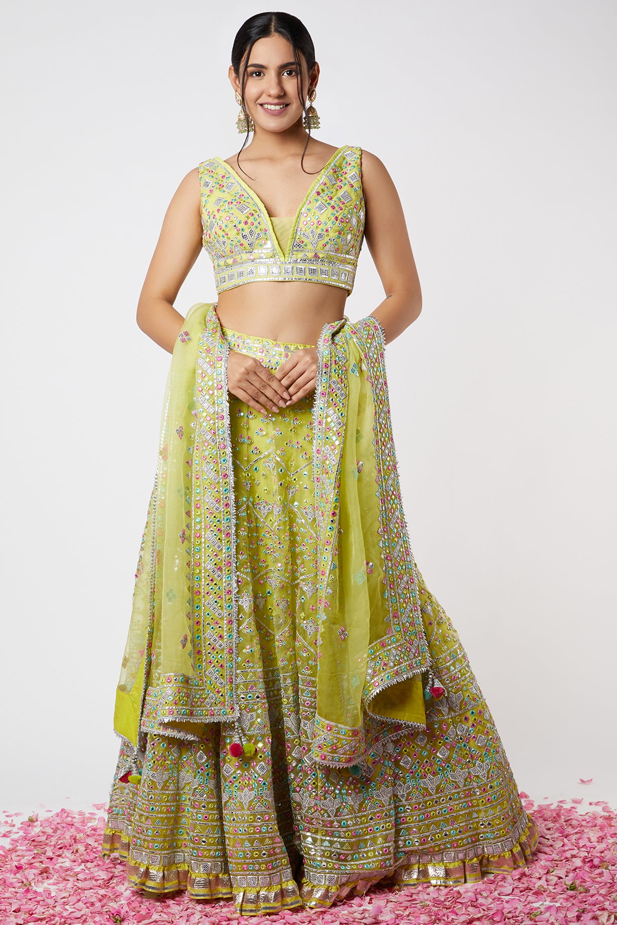 Gopi vaid Noor Sleeveless Lehenga Set lime green festive indian designer wear online shopping melange singapore