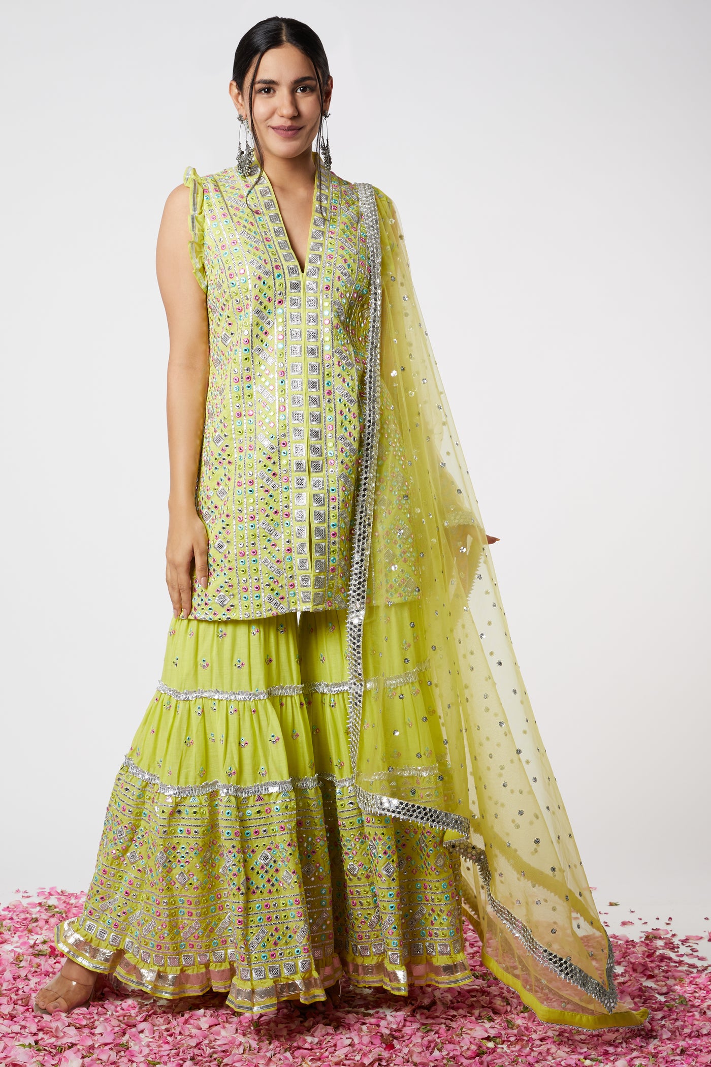 Gopi vaid Noor Sleeveless Sharara Set Lime festive indian designer wear online shopping melange singapore