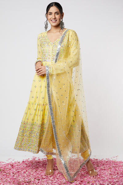 Gopi vaid Noor Tiered AG Set yellow festive indian designer wear online shopping melange singapore