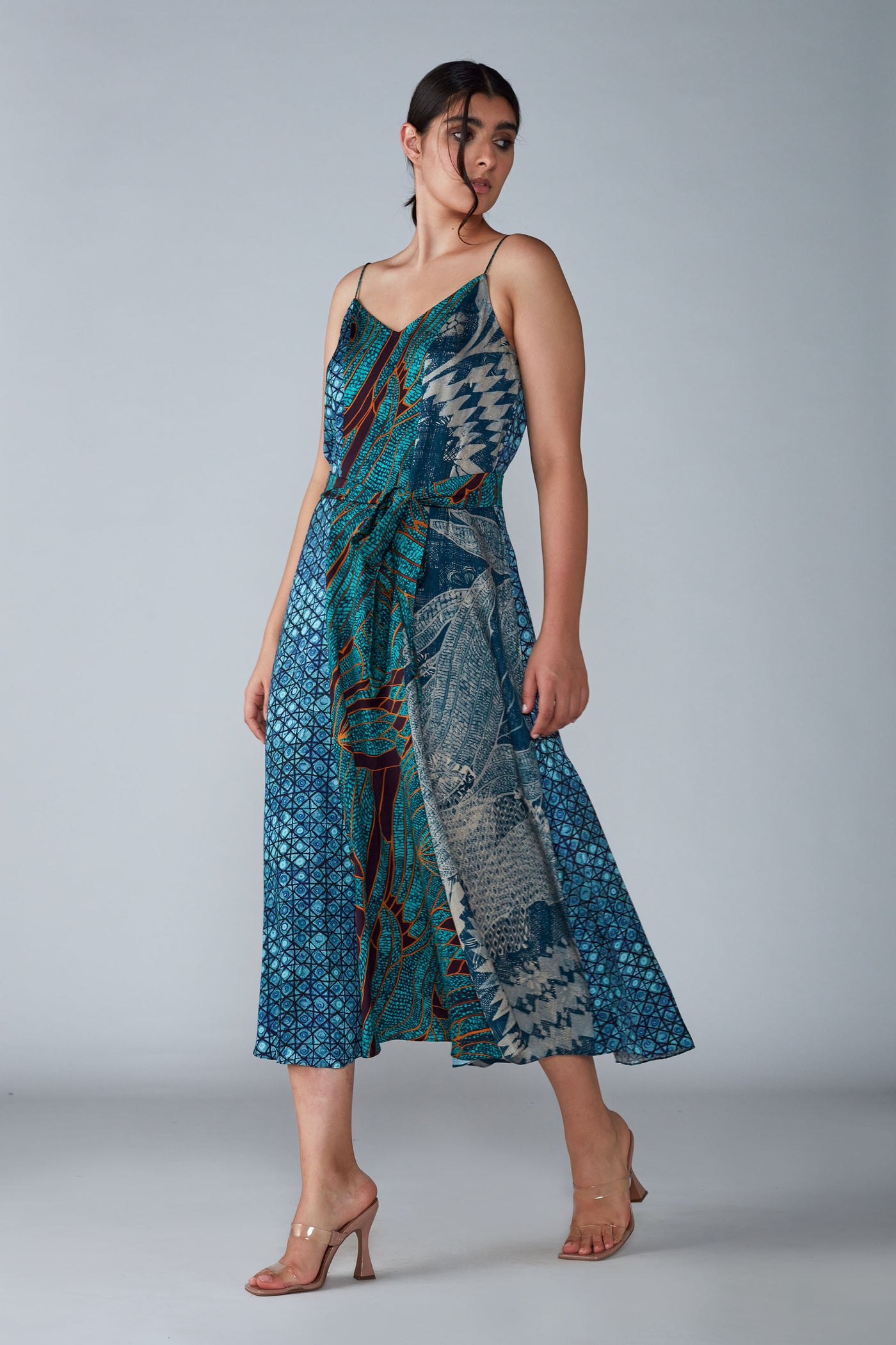Saaksha and Kinni Abstract Bird, Tile & Winged Flower Multi Print Summer Dress With Belt western indian designer womenswear fashion online shopping melange singapore