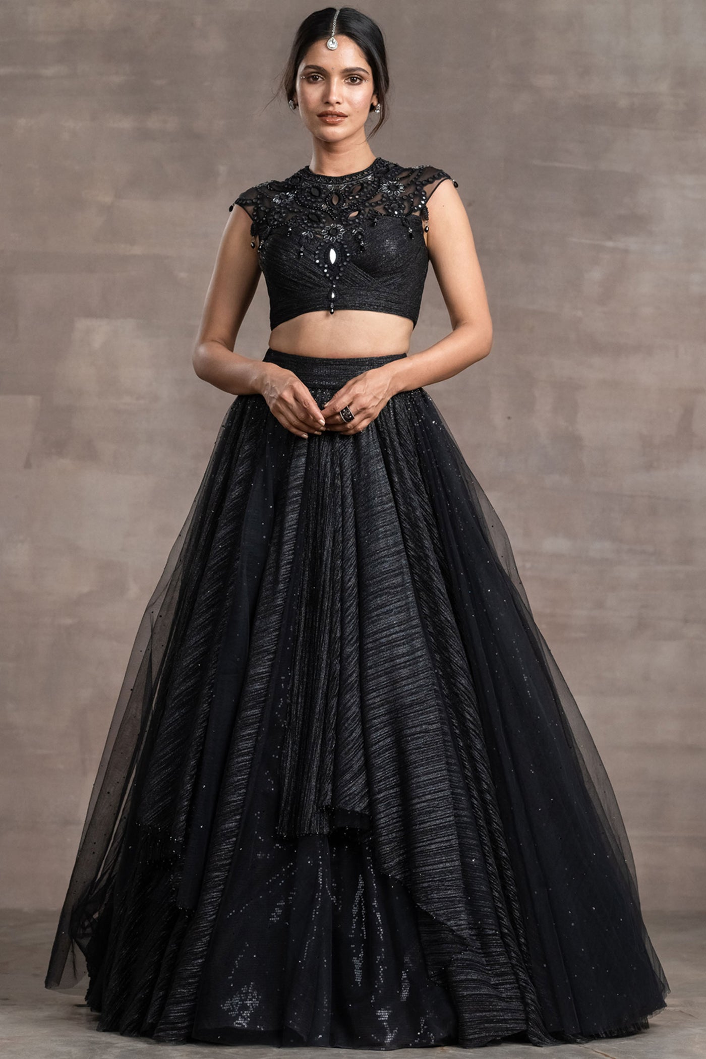 Tarun Tahilian Lehenga Paired With A Fluted Blouse black festive indian designer wear online shopping melange singapore