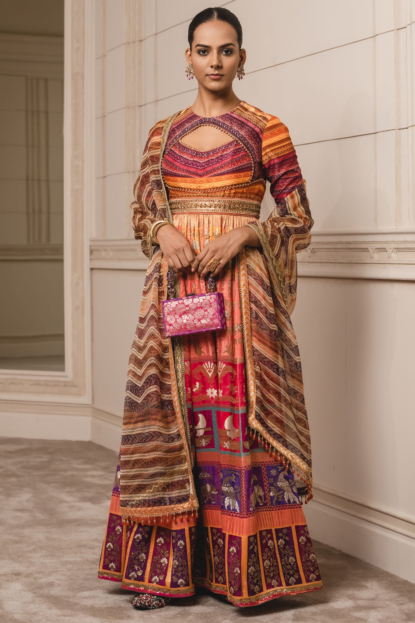 Tarun Tahilian Jacquard Anarkali, Churidar And Dupatta coral festive indian designer wear online shopping melange singapore