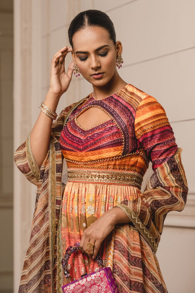Tarun Tahilian Jacquard Anarkali, Churidar And Dupatta coral festive indian designer wear online shopping melange singapore