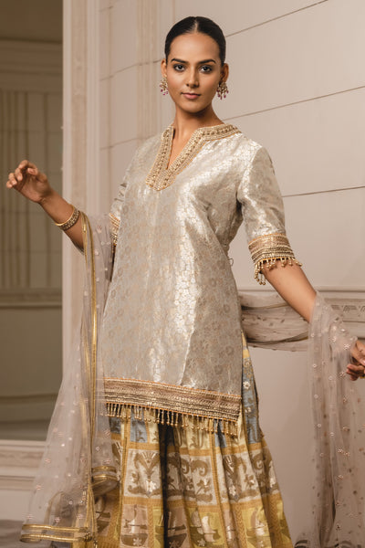 Tarun Tahilian Jacquard Sharara, Kurti And Dupatta yellow festive indian designer wear online shopping melange singapore