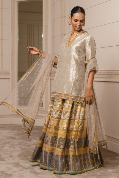 Tarun Tahilian Jacquard Sharara, Kurti And Dupatta yellow festive indian designer wear online shopping melange singapore