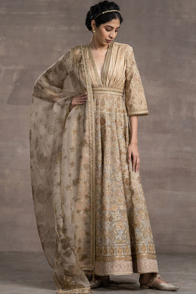Tarun Tahilian Anarkali Designed With Pleated V Neckline beige festive indian designer wear online shopping melange singapore