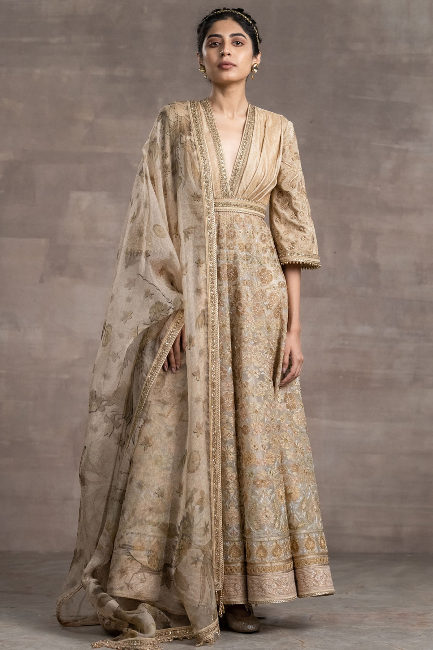 Tarun Tahilian Anarkali Designed With Pleated V Neckline beige festive indian designer wear online shopping melange singapore