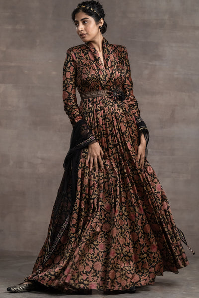 Tarun Tahilian Floral-Printed Anarkali Suit black festive indian designer wear online shopping melange singapore