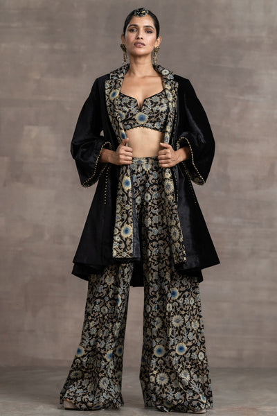 Tarun Tahilian Silk Velvet Jacket With Bustier And Trouser black festive indian designer wear online shopping melange singapore