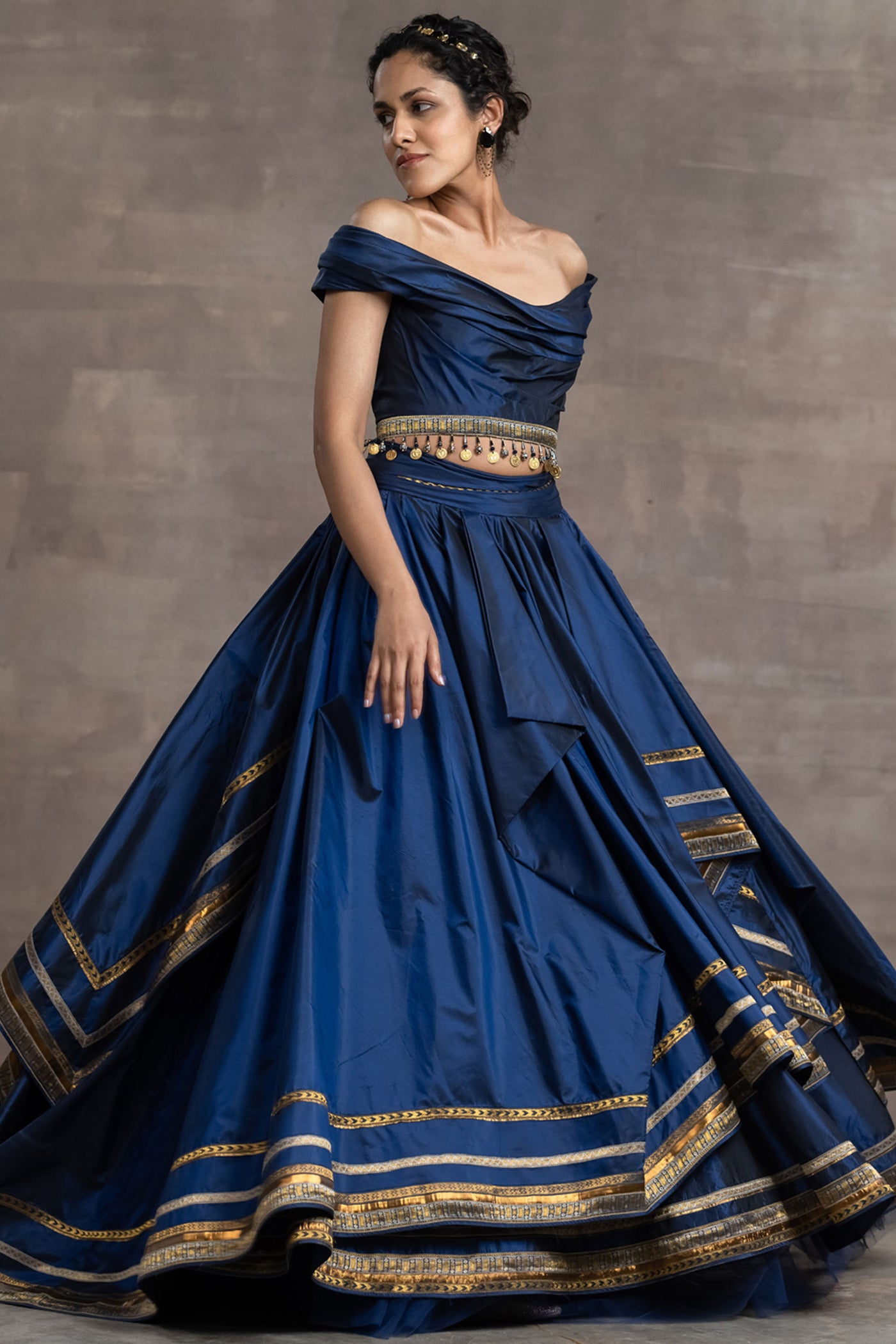 Tarun Tahiliani Sapphire Blue Silk Taffeta Draped Lehenga indian designer wear online shopping melange singapore
