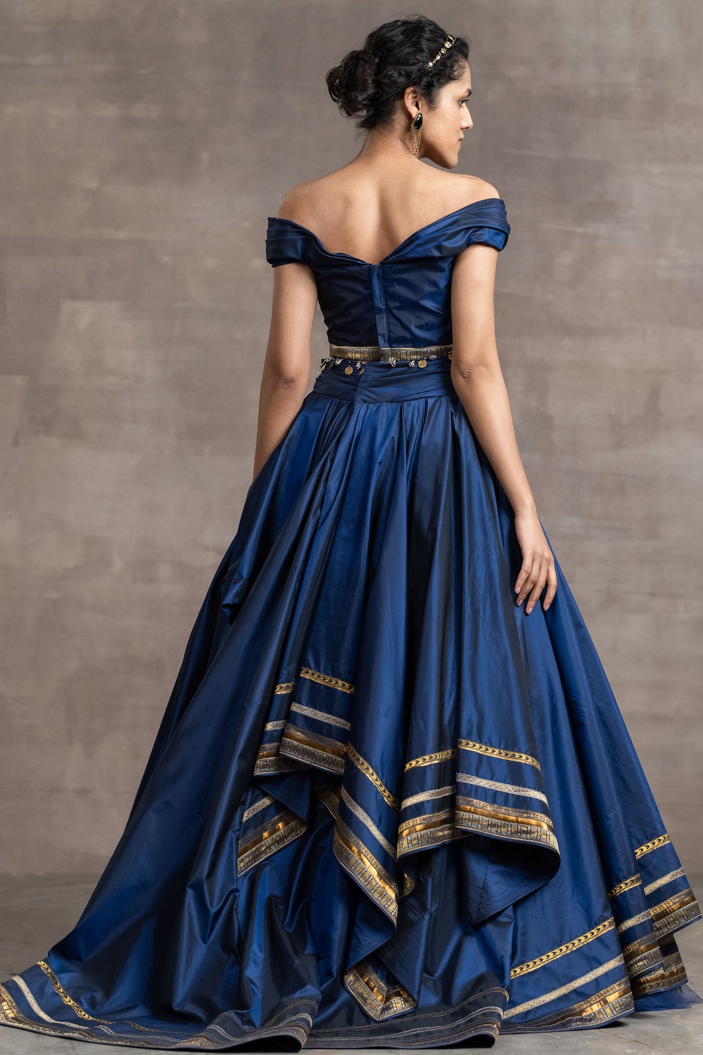 Tarun Tahiliani Sapphire Blue Silk Taffeta Draped Lehenga indian designer wear online shopping melange singapore