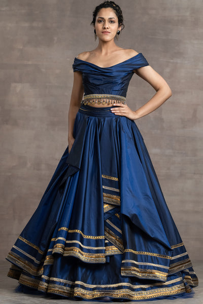 Tarun Tahiliani Sapphire Blue Silk Taffeta Draped Lehenga indian designer wear online shopping melange singapore