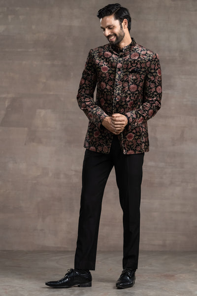 Tarun Tahitliani Silk Velvet Printed Bandhgala indian designer wear menswear online shopping melange singapore