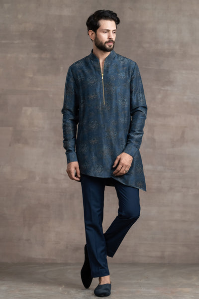 Tarun Tahitliani Floral Printed Silk Kurta navy indian designer wear menswear online shopping melange singapore