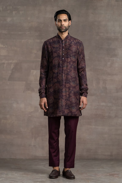 Tarun Tahitliani Floral Printed Silk Kurta wine indian designer wear menswear online shopping melange singapore