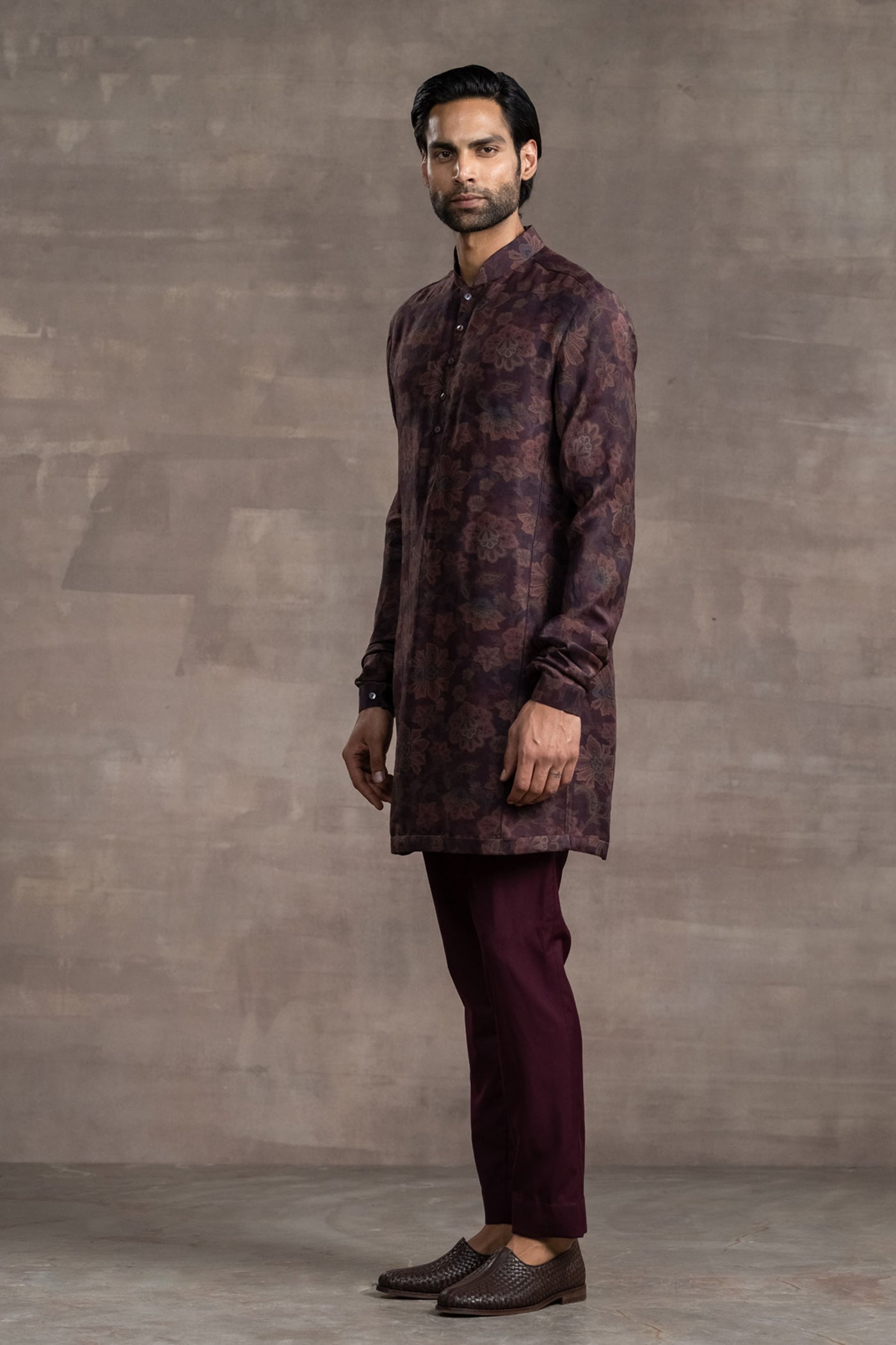 Tarun Tahitliani Floral Printed Silk Kurta wine indian designer wear menswear online shopping melange singapore