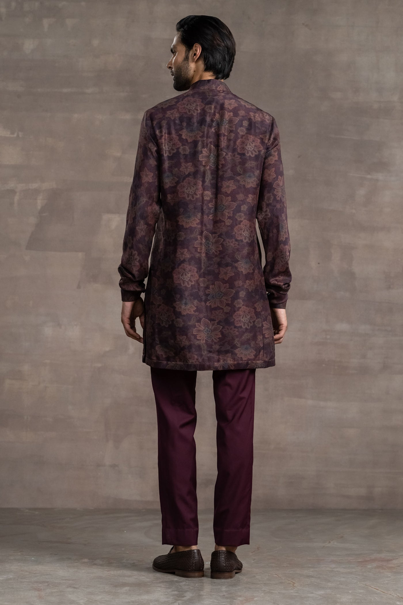 Tarun Tahitliani Floral Printed Silk Kurta wine indian designer wear menswear online shopping melange singapore