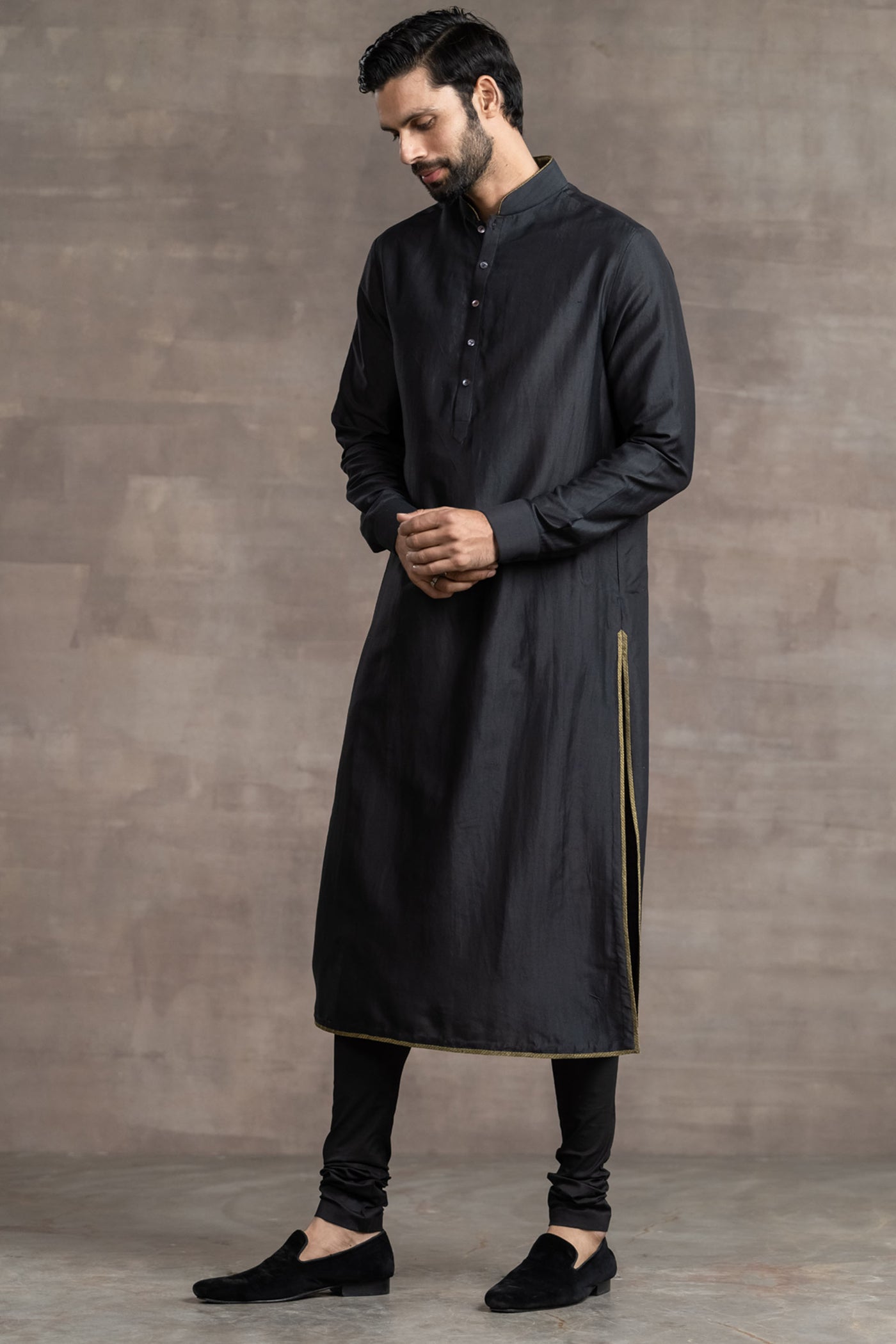 Tarun Tahitliani Black Silk Kurta indian designer wear menswear online shopping melange singapore