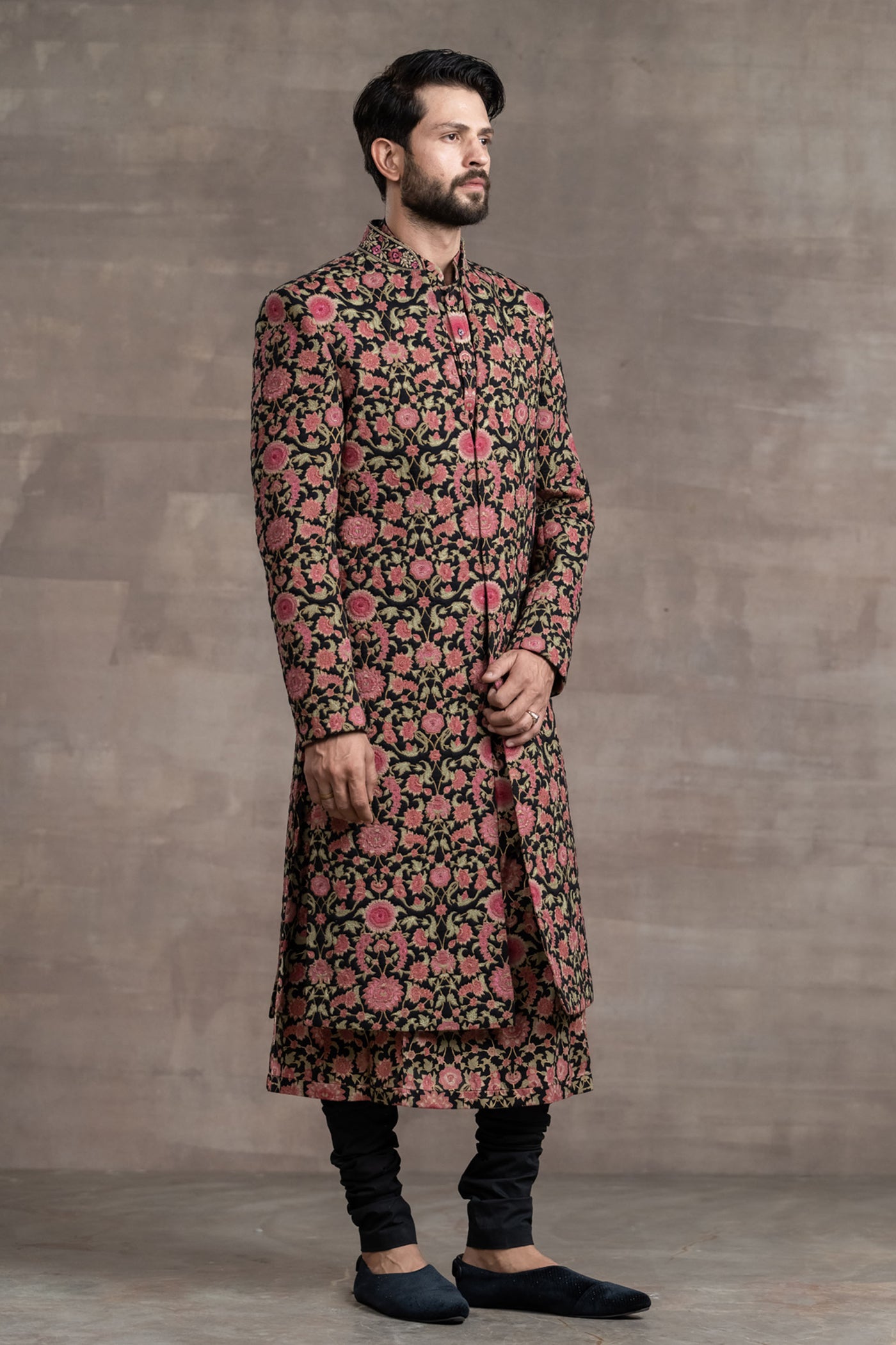 Tarun Tahitliani Floral Printed Quilted Sherwani black indian designer wear menswear online shopping melange singapore
