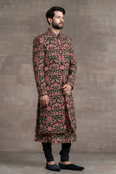 Tarun Tahitliani Floral Printed Quilted Sherwani black indian designer wear menswear online shopping melange singapore