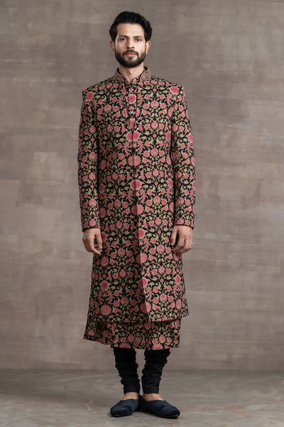 Tarun Tahitliani Floral Printed Quilted Sherwani black indian designer wear menswear online shopping melange singapore