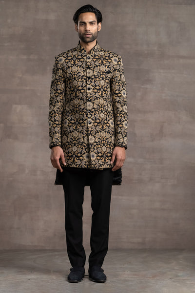 Tarun Tahitliani Floral Printed Quilted Sherwani black indian designer wear menswear online shopping melange singapore