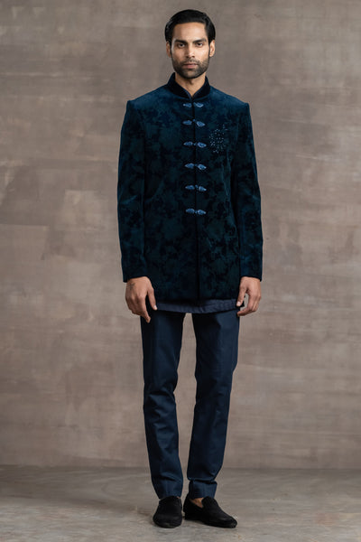 Tarun Tahitliani Etched Velvet Sherwani With Swarovski Detailing teal indian designer wear menswear online shopping melange singapore