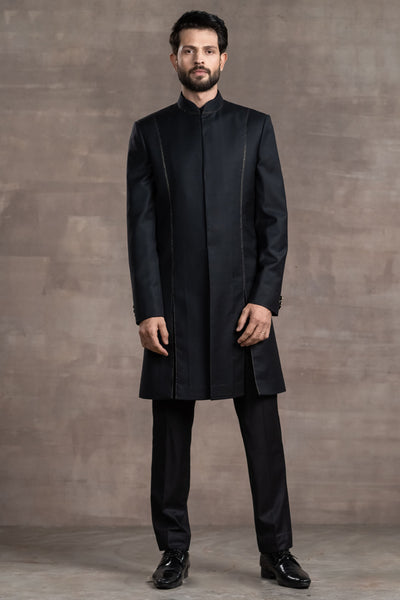 Tarun Tahitliani Crepe Wool Sherwani With Kantha Detailing black indian designer wear menswear online shopping melange singapore