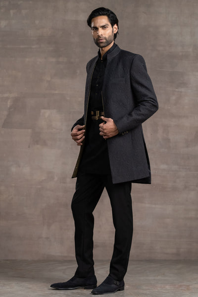 Tarun Tahitliani Quilted Sherwani With Metallic Zipper black indian designer wear menswear online shopping melange singapore