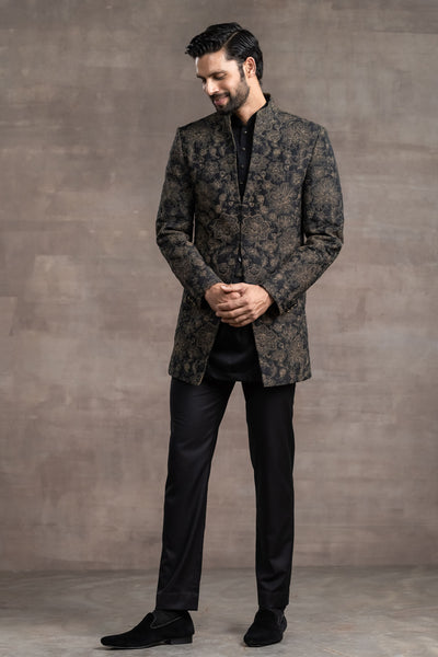 Tarun Tahitliani Floral Pattern Quilted Sherwani black indian designer wear menswear online shopping melange singapore