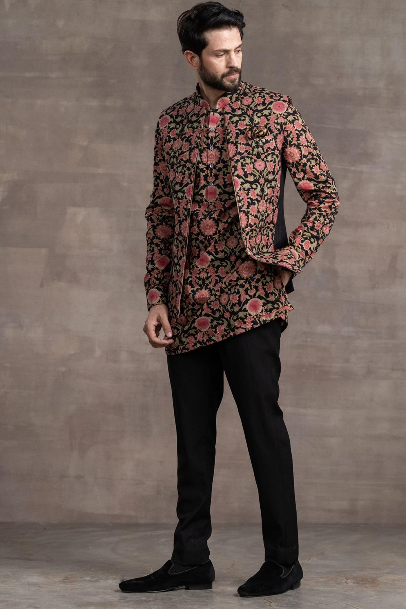 Tarun Tahitliani Floral Printed Quilted Bundi black indian designer wear menswear online shopping melange singapore
