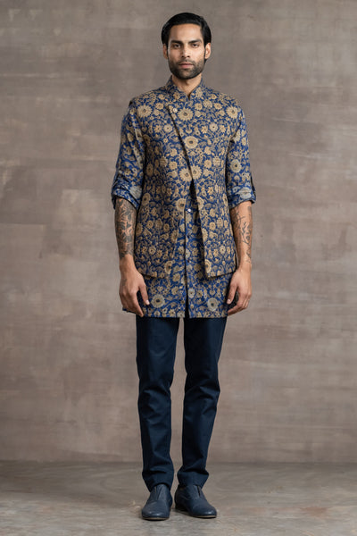 Tarun Tahitliani Floral Printed Asymmetrical Bundi blue indian designer wear menswear online shopping melange singapore