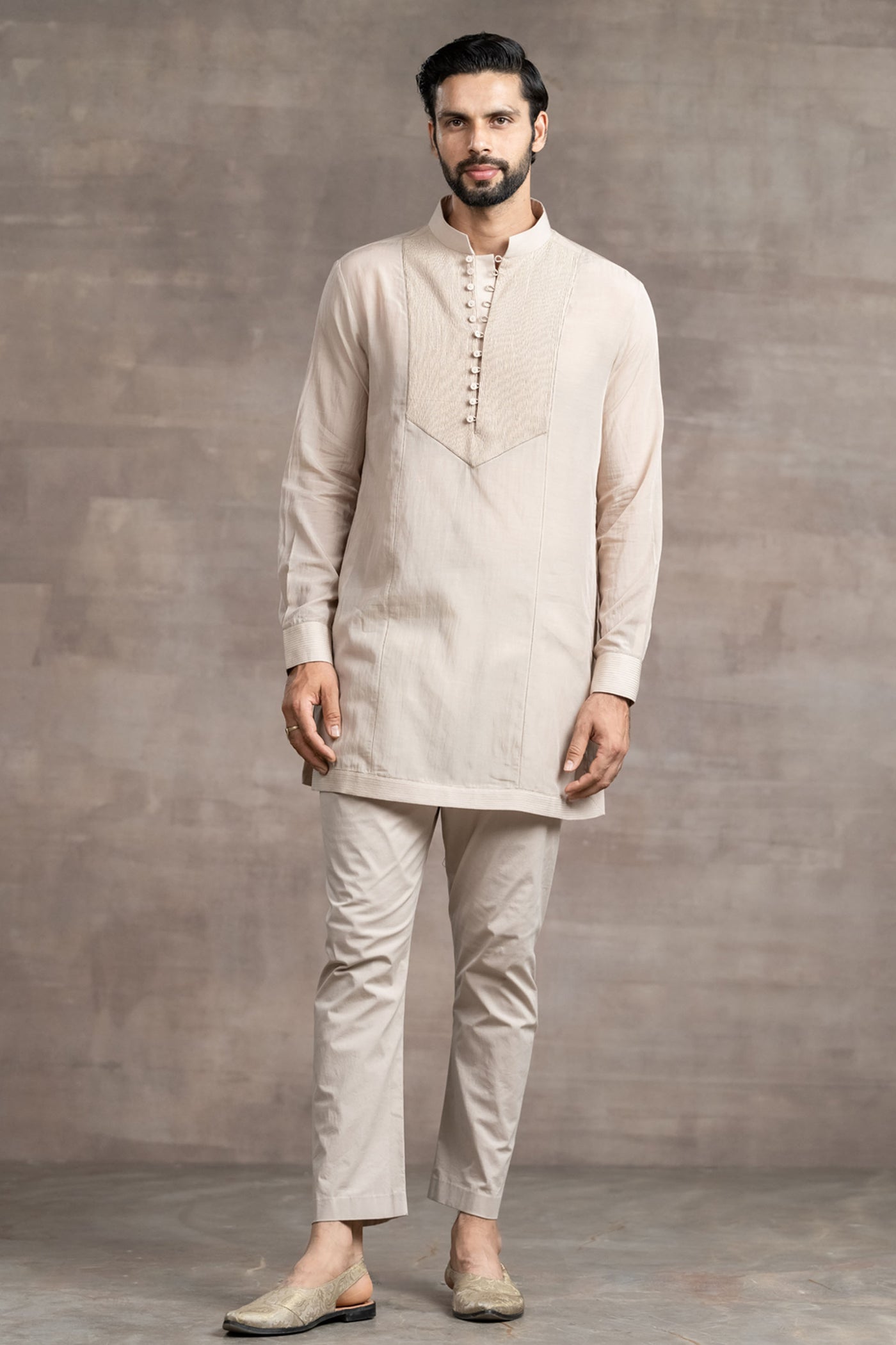 Tarun Tahitliani Short Kurta Paired With Matching Aligarhi Pants beige indian designer wear menswear online shopping melange singapore