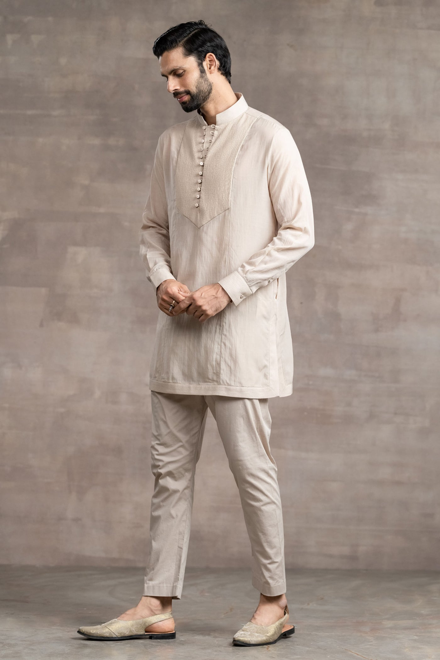Tarun Tahitliani Short Kurta Paired With Matching Aligarhi Pants beige indian designer wear menswear online shopping melange singapore