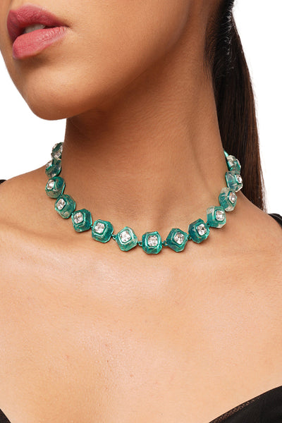 Isharya B-dazzle Infinity Cut Green Crystal Collar Necklace In Colored Plating fashion jewellery online shopping melange singapore indian designer wear