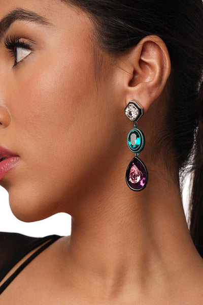 Isharya Banger Mismatch Multi-Crystal Earrings  In Rhodium Plated fashion jewellery online shopping melange singapore indian designer wear