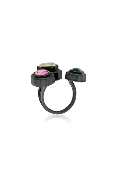 Isharya Banger Multi-Crystal Ring In Black Plated fashion jewellery online shopping melange singapore indian designer wear
