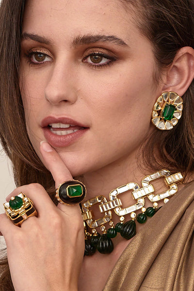 Isharya Ruhaniyat Mirror & Hydro Emerald Studs green gold fashion jewellery online shopping melange singapore indian designer wear