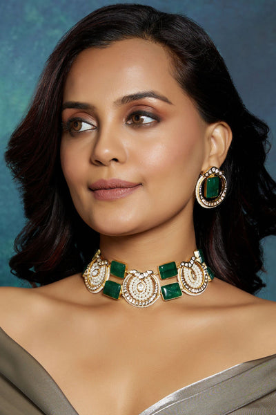 Joules by Radhika Green & White Polki Choker Set jewellery indian designer wear online shopping melange singapore