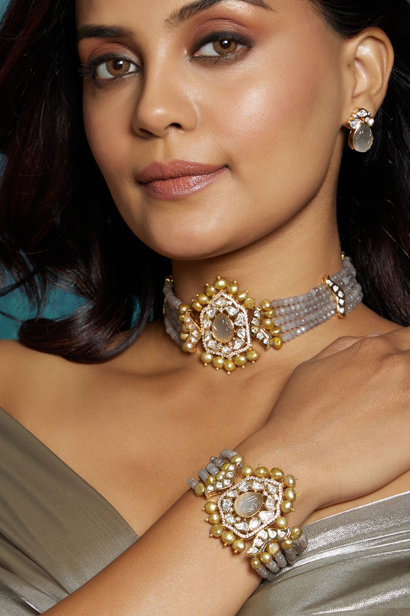 Joules by Radhika Grey & Golden Polki Bracelet jewellery indian designer wear online shopping melange singapore