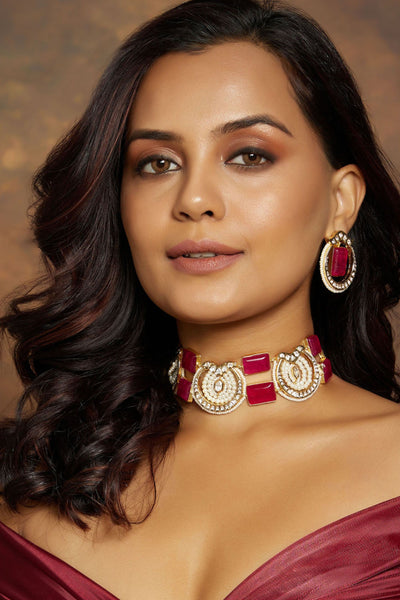 Joules by Radhika Red & White Polki Choker Set jewellery indian designer wear online shopping melange singapore