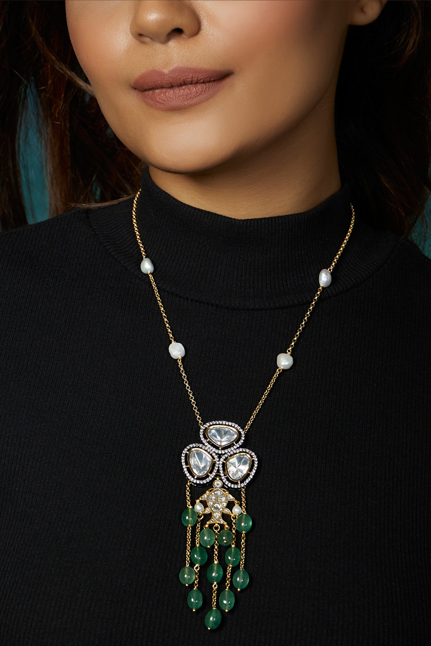 Joules By Radhika Antique Polki Green Long Necklace Online Shopping Melange Singapore Indian Designer Wear