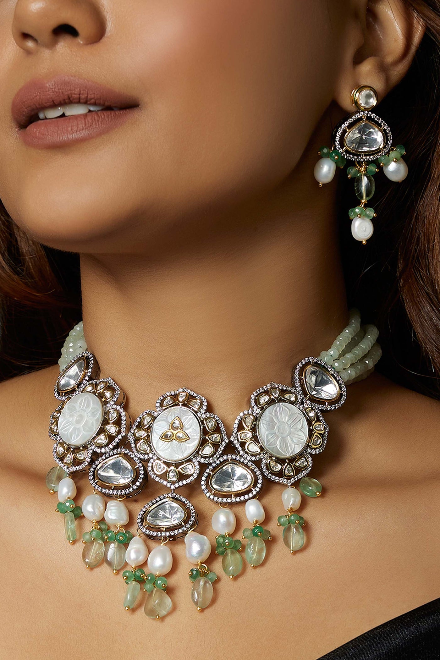 Joules By Radhika Antique White And Green Necklace SetOnline Shopping Melange Singapore Indian Designer Wear