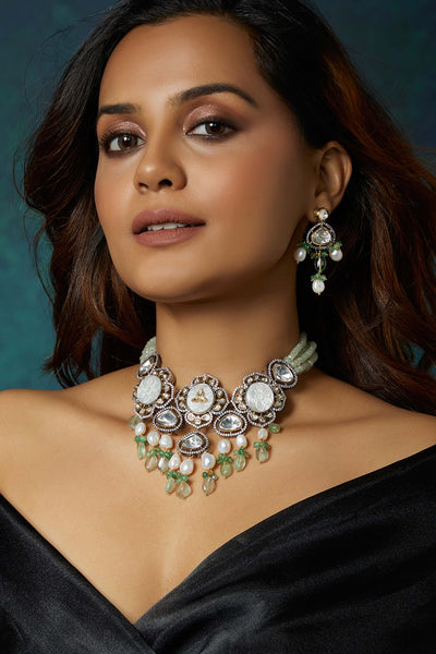 Joules By Radhika Antique White And Green Necklace SetOnline Shopping Melange Singapore Indian Designer Wear