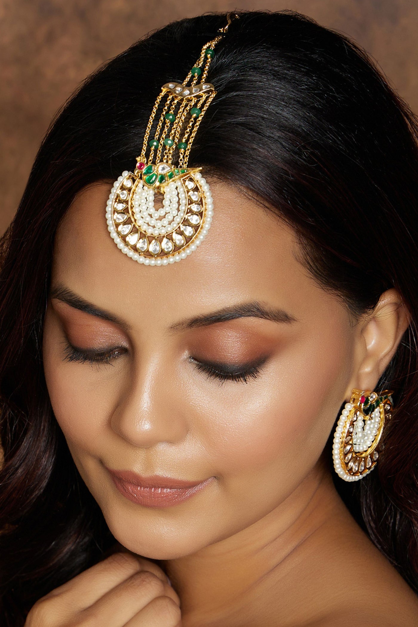 Joules by Radhika Beautiful Green & White Maang Tikka jewellery indian designer wear online shopping melange singapore