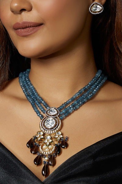Joules By Radhika Blue And Smoky Antique Gold Necklace Set Online Shopping Melange Singapore Indian Designer Wear