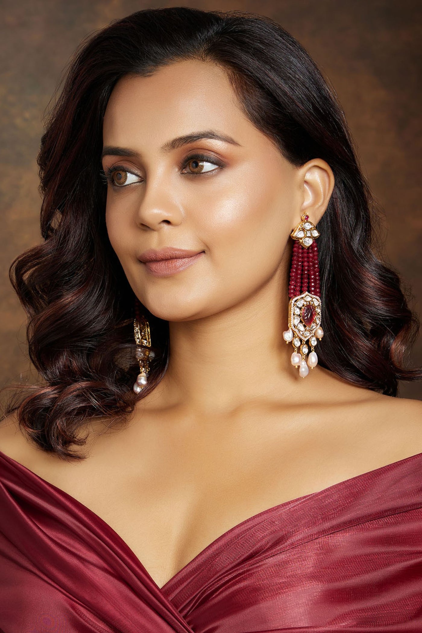 Joules by Radhika Deep Red & Golden Chandelier Earring jewellery indian designer wear online shopping melange singapore