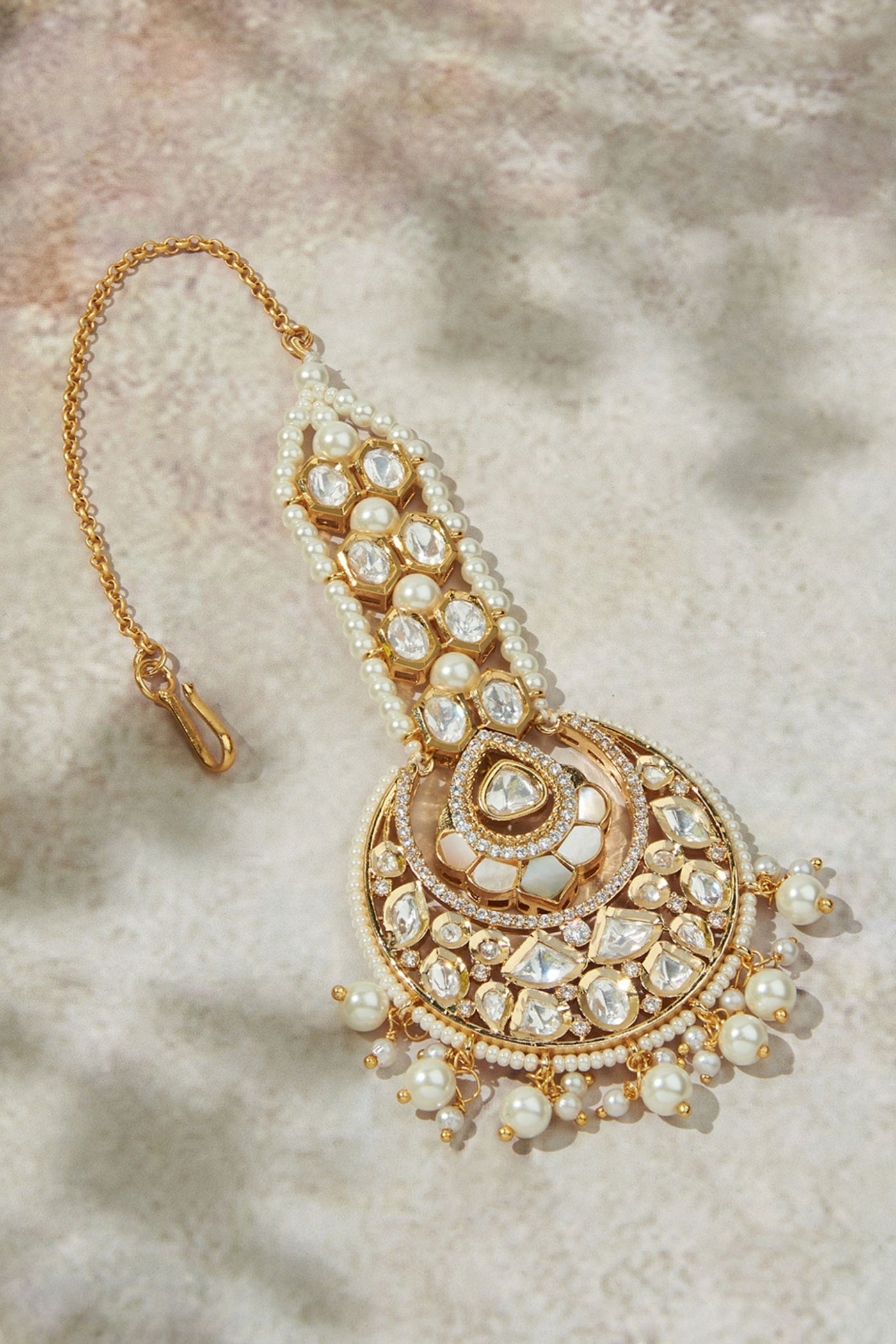 Joules by Radhika Enticing White & Gold Maang Tikka jewellery indian designer wear online shopping melange singapore