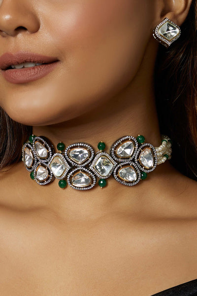 Joules By Radhika Green And White Antique Polki  Necklace Set Online Shopping Melange Singapore Indian Designer Wear