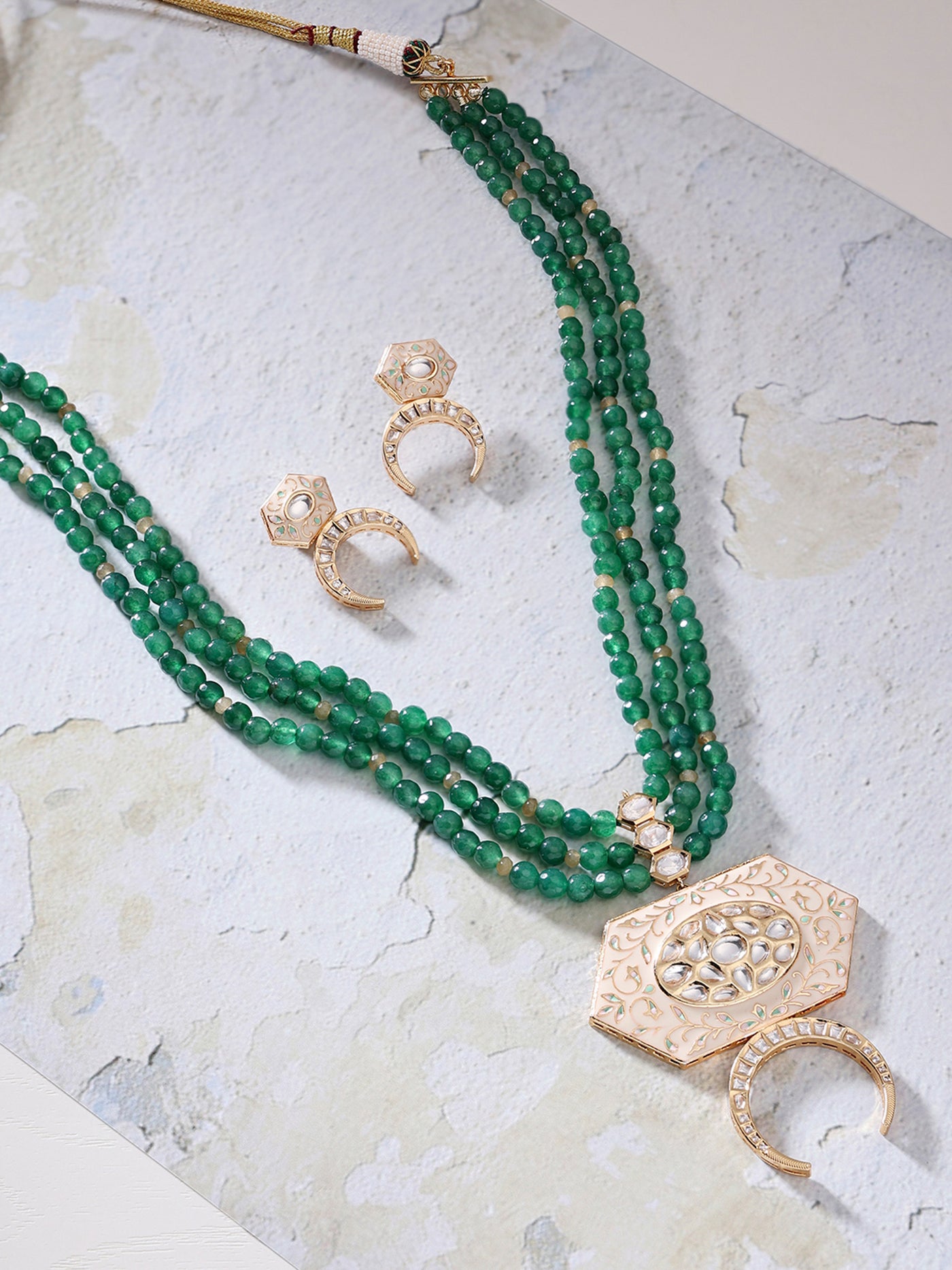 Joules By Radhika  Green Necklace Set With Enamelled Kundan Polki Online Shopping Melange Singapore Indian Designer Wear